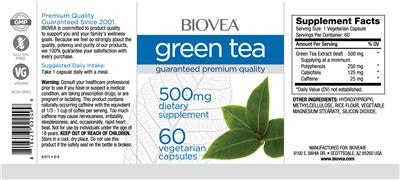 Photo of the BIOVEA Green Tea 500 mg label