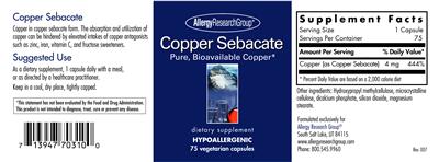 Photo of the Allergy Research Group Copper Sebacate label