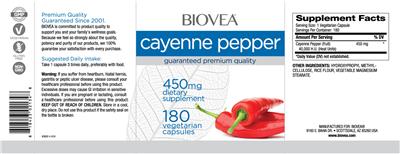 Photo of the BIOVEA Cayenne Pepper 450 mg label