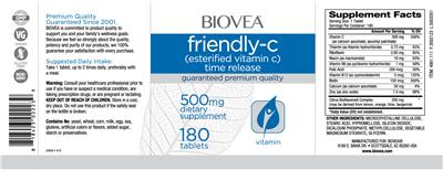 Photo of the BIOVEA Friendly-C 500 mg label