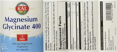 Photo of the KAL Magnesium Glycinate 400 label