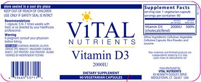 Photo of the Vital Nutrients Vitamin D3 2000 IU label