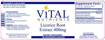 Photo of the Vital Nutrients Licorice Root Extract 400 mg label