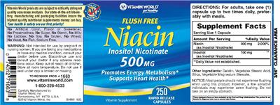 Photo of the Vitamin World Flush Free Niacin 500 mg label