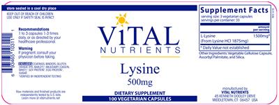 Photo of the Vital Nutrients Lysine 500 mg label