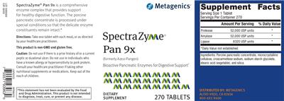 Photo of the Metagenics SpectraZyme Pan 9x label