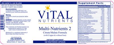 Photo of the Vital Nutrients Multi-Nutrients 2 (with Copper & without Iron) label