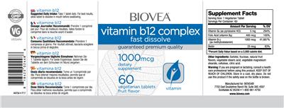 Photo of the BIOVEA Vitamin B12 Complex 1000 mcg Fruit Flavor label