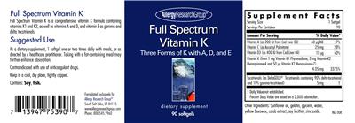 Photo of the Allergy Research Group Full Spectrum Vitamin K label