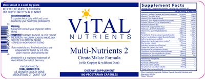 Photo of the Vital Nutrients Multi-Nutrients 2 (with Copper & without Iron) label