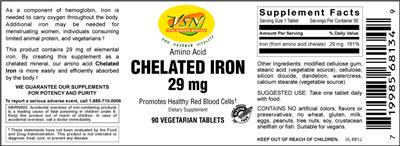 Photo of the VSN Vital Strength Nutrition Chelated Iron 29 mg label