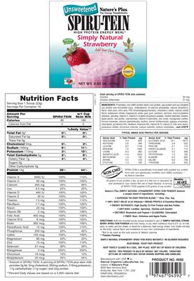 Photo of the Nature's Plus Unsweetened Spiru-Tein High Protein High Energy Meal Simply Natural Strawberry label
