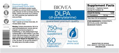 Photo of the BIOVEA DLPA (DL-Phenylalanine) 750 mg label