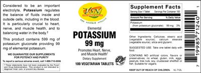 Photo of the VSN Vital Strength Nutrition Potassium 99 mg label