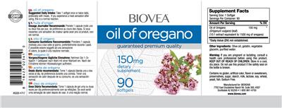 Photo of the BIOVEA Oil of Oregano 150 mg label