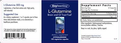 Photo of the Allergy Research Group L-Glutamine 500 mg label