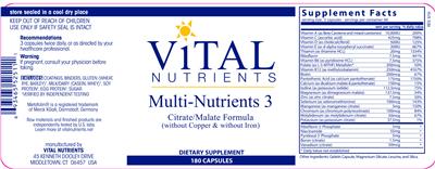 Photo of the Vital Nutrients Multi-Nutrients 3 (without Copper & without Iron) label