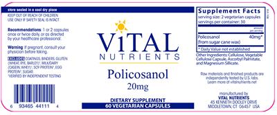 Photo of the Vital Nutrients Policosanol 20 mg label