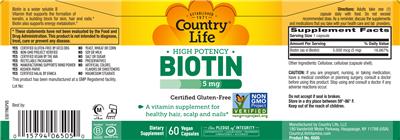 Photo of the Country Life High Potency Biotin 5 mg label