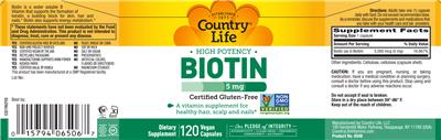 Photo of the Country Life High Potency Biotin 5 mg label