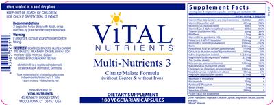 Photo of the Vital Nutrients Multi-Nutrients 3 (without Copper & without Iron) label