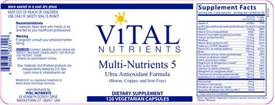 Photo of the Vital Nutrients Multi-Nutrients 5 (Boron, Copper, and Iron Free) label
