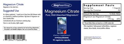Photo of the Allergy Research Group Magnesium Citrate label