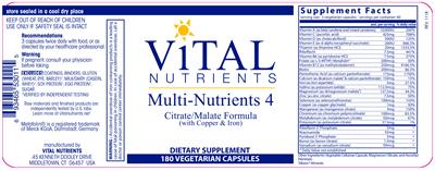 Photo of the Vital Nutrients Multi-Nutrients 4 (with Copper & Iron) label