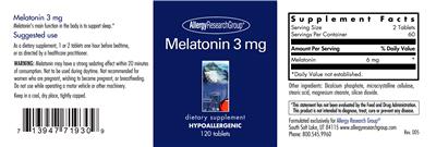 Photo of the Allergy Research Group Melatonin 3 mg label