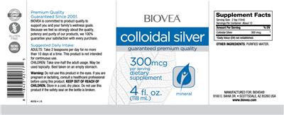 Photo of the BIOVEA Colloidal Silver 300 mcg label