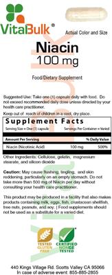 Photo of the VitalBulk Niacin 100 mg label