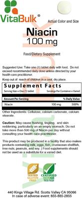 Photo of the VitalBulk Niacin 100 mg label