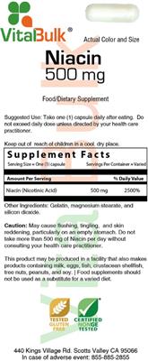 Photo of the VitalBulk Niacin 500 mg label