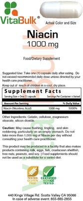 Photo of the VitalBulk Niacin 1000 mg label