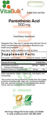 Photo of the VitalBulk Pantothenic Acid 500 mg label