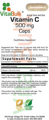 Photo of the VitalBulk Vitamin C 500 mg Caps label