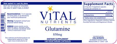 Photo of the Vital Nutrients Glutamine 850 mg label