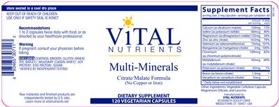 Photo of the Vital Nutrients Multi-Minerals (no Copper or Iron) label