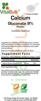 Photo of the VitalBulk Calcium Gluconate 9% Powder label