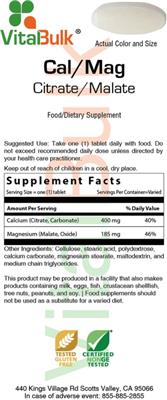Photo of the VitalBulk Cal/Mag Citrate/Malate label