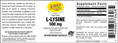 Photo of the VSN Vital Strength Nutrition L-Lysine 500 mg label