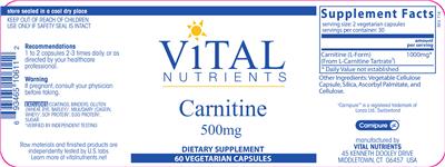 Photo of the Vital Nutrients Carnitine 500 mg label