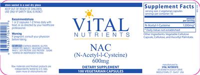 Photo of the Vital Nutrients NAC (N-Acetyl-l-Cysteine) 600 mg label