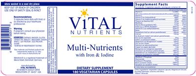 Photo of the Vital Nutrients Multi-Nutrients with Iron & Iodine label