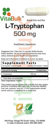 Photo of the VitalBulk L-Tryptophan 500 mg label