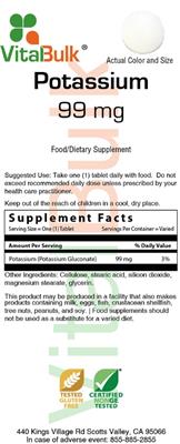 Photo of the VitalBulk Potassium 99 mg label