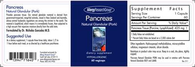 Photo of the Allergy Research Group Pancreas Natural Glandular (Pork) label
