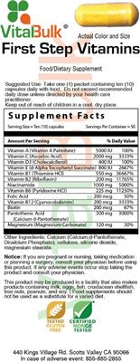 Photo of the VitalBulk First Step Vitamins label