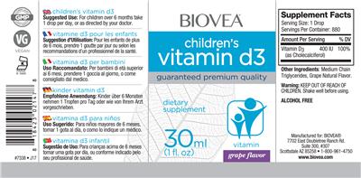 Photo of the BIOVEA Children's Vitamin D3 Grape Flavor label