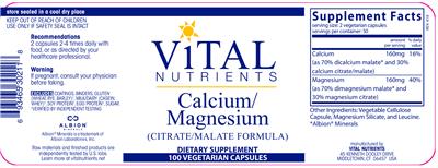 Photo of the Vital Nutrients Calcium/Magnesium (Citrate/Malate Formula) label